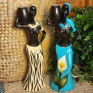 Set Of African Women 14" Tall Tribal Figurine Decor Art Statues Candle Holders